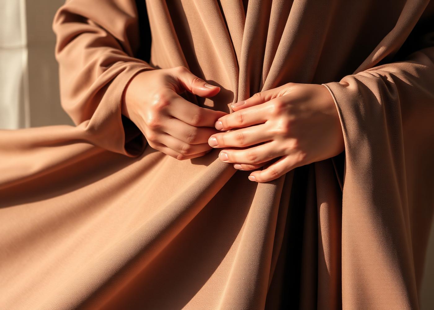 Hands adjusting flowing premium abaya fabric in warm natural light